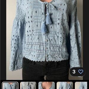 Zara Blue Smocked Tie Front Blouse